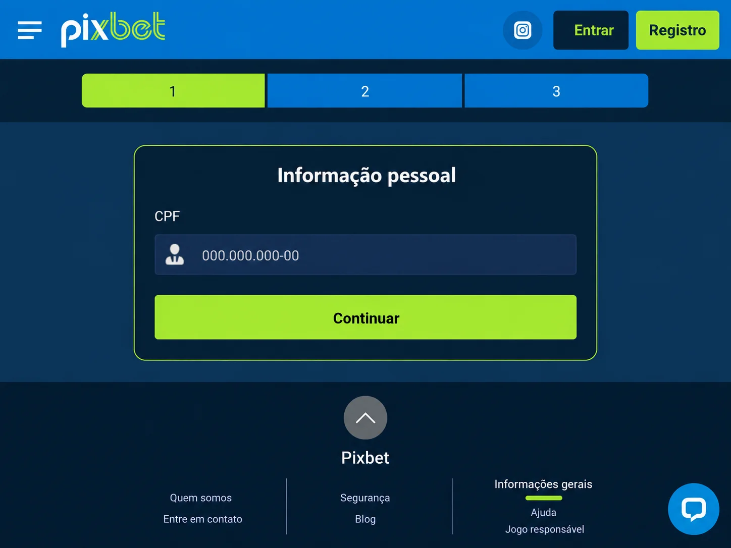 Tela de informação pessoal com campo de CPF e botão Continuar visíveis no desktop