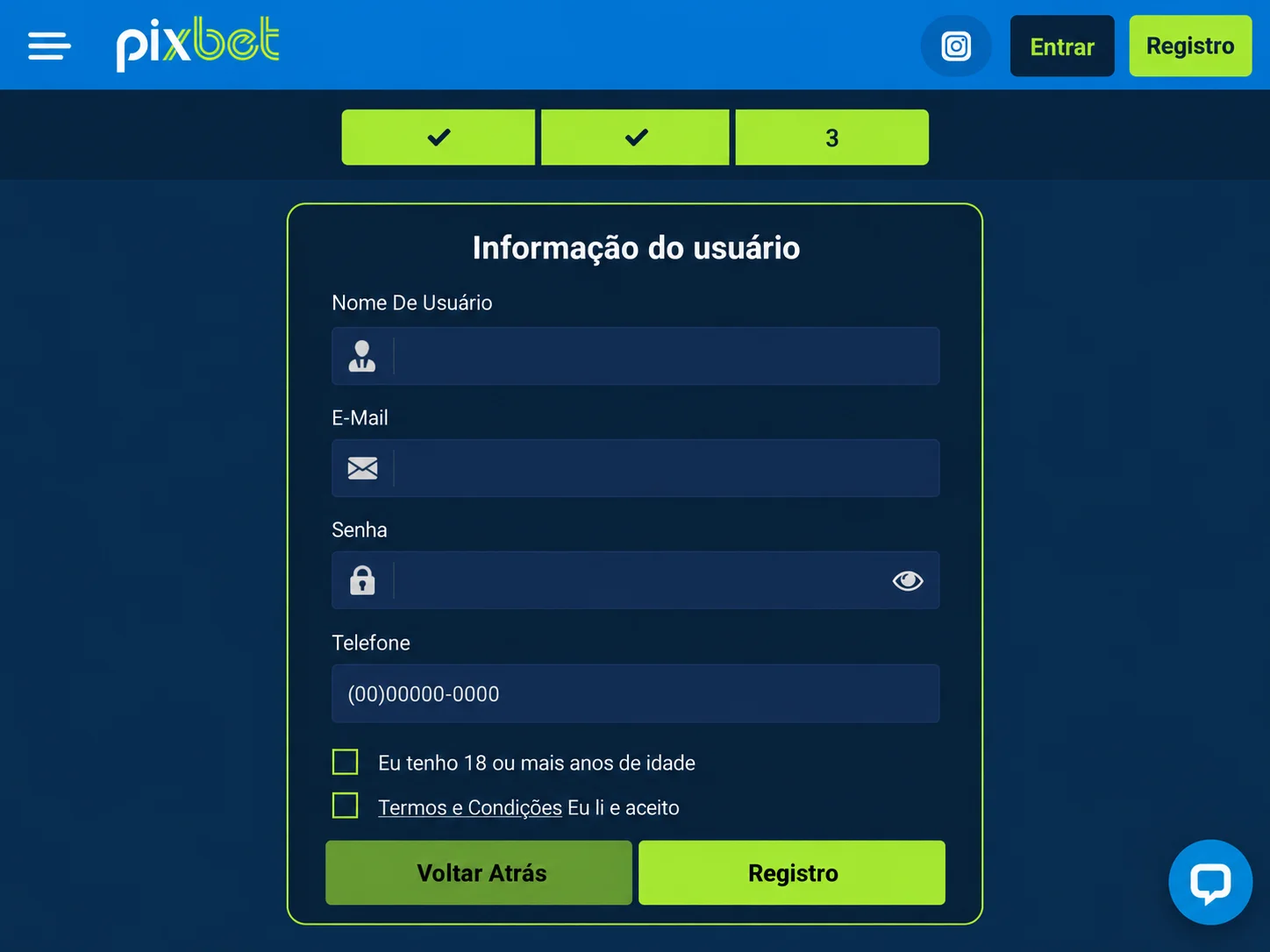 Formulário de informação do usuário com campos de cadastro, termos e botão Registro